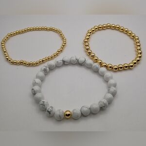 Men's Set Of 3 Natural Stone White And Gold Stretched Beaded Bracelet Set